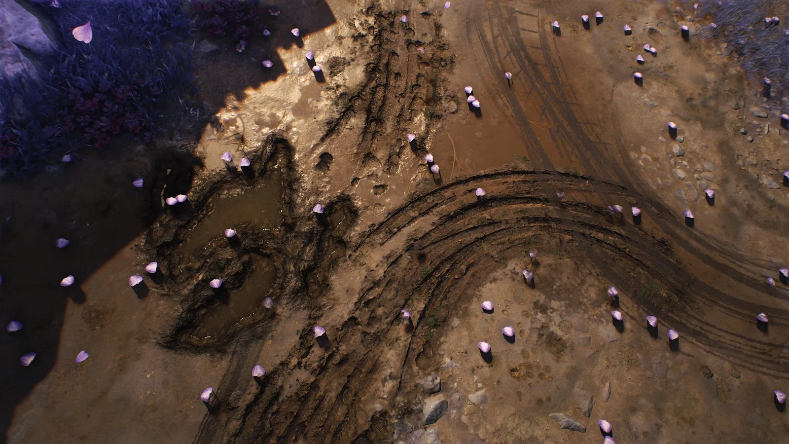 Muddy Path With Pink Petals - 3D Game Environment 5K Wallpaper (5120x2880)