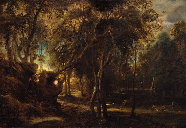 A Forest at Dawn with a Deer Hunt ca 1635