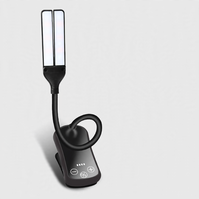 LED reading lamp with clip, double head, dimmable and battery indicator