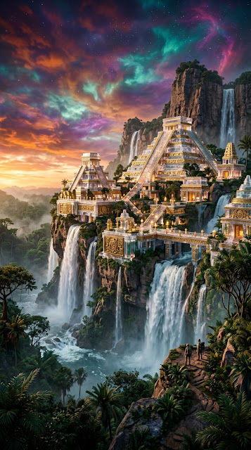 Mystical Crystal City Atop Waterfalls with Mayan Architecture - Free mobile Wallpaper