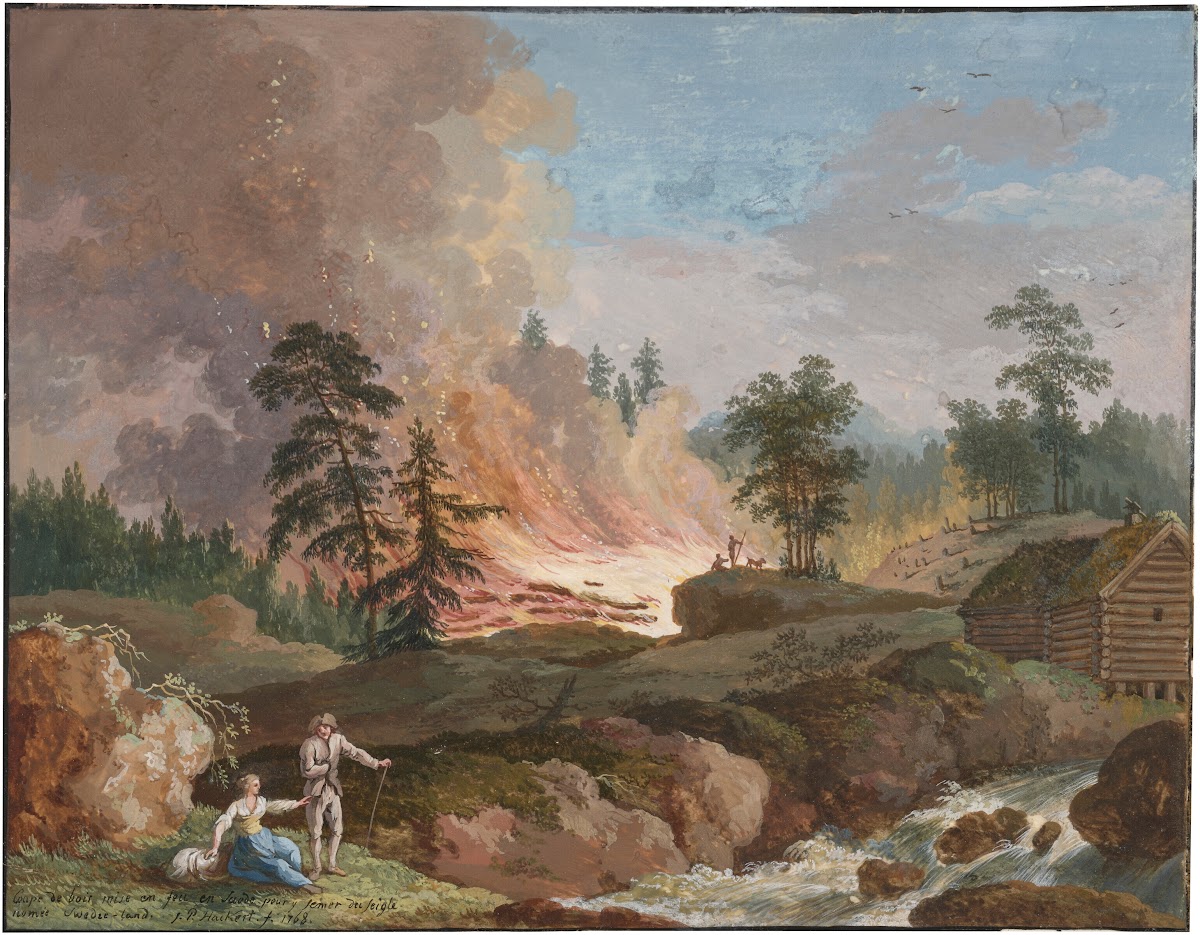 A landscape in Sweden with peasants burning woodland and a couple resting near a