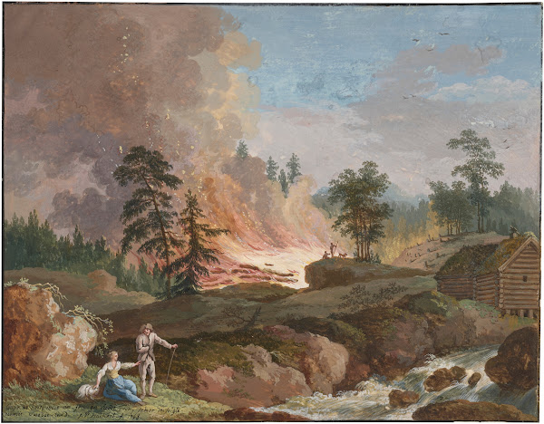 A landscape in Sweden with peasants burning woodland and a couple resting near a