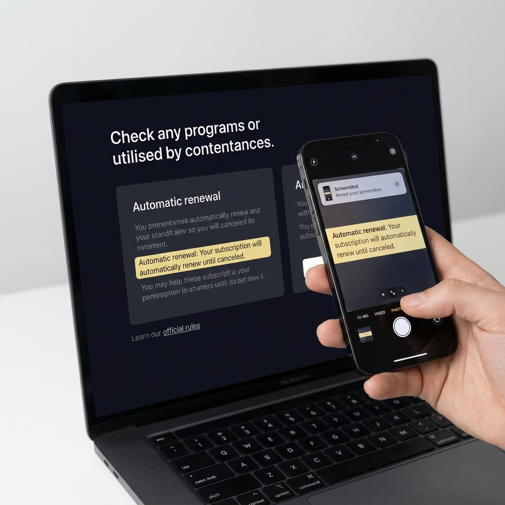 Close up of a webpage showing an official rules link and highlighted renewal language with a hand taking a screenshot representing Evaluation Checklist What to Confirm Before Buying a Challenge minimalist branded colors no black bars