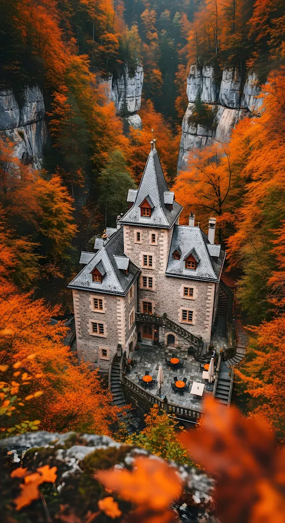 Medieval Castle Surrounded by Vibrant Autumn Forest and Cliffs