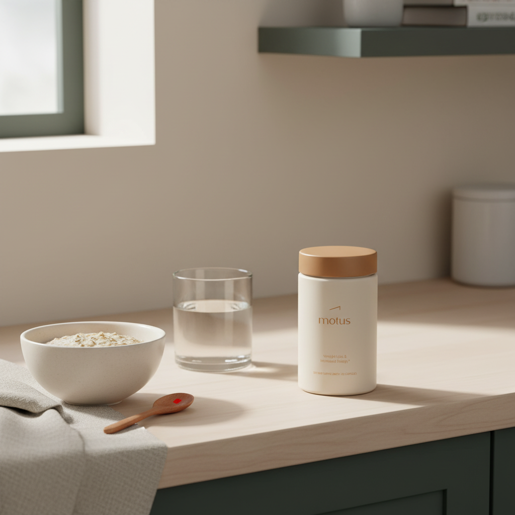 Motus supplement bottle on a bright minimalist kitchen counter with a small bowl of oats, a glass of water and a linen napkin, highlighting rapid weight loss supplements.