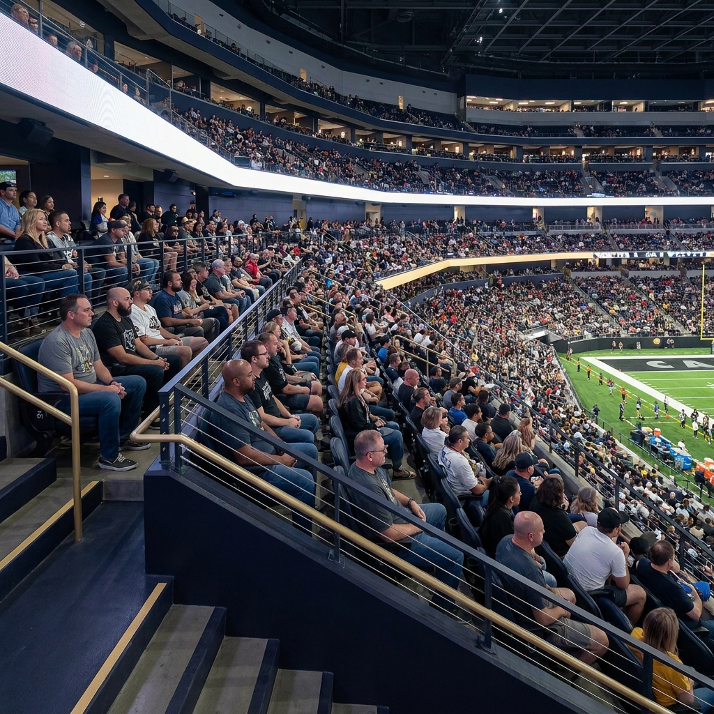 Wide interior photo of Circa tiered seating filled with fans watching a major game emphasizing stacked sightlines and clear views one bet vegas