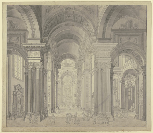 Blick in das Innere einer Barockkirche mit Staffagefiguren in der Tracht des 17