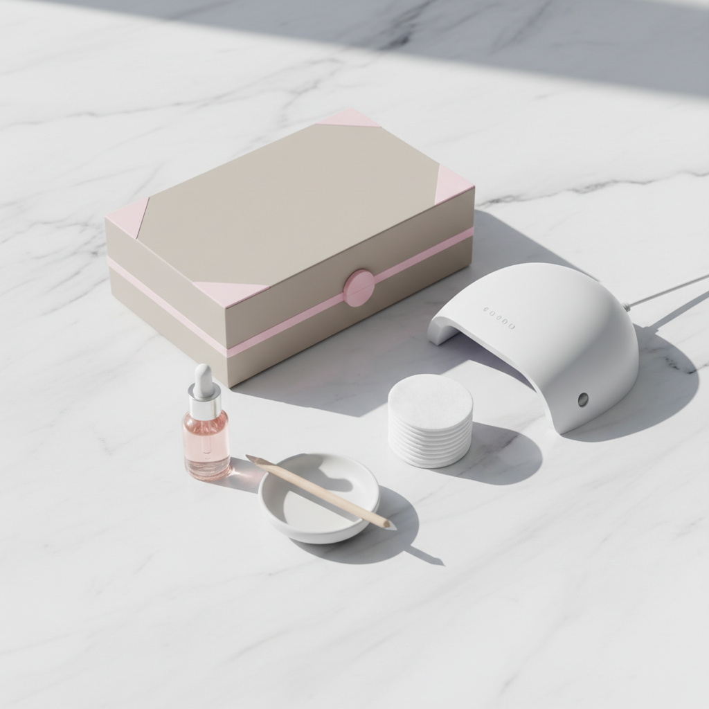 Minimalistische Nahaufnahme eines Nagelweicher Maniküre-Setups auf weißem Marmor mit UV-Lampe, Nagelölflasche, Baumwollpads und pastellrosa Akzenten.