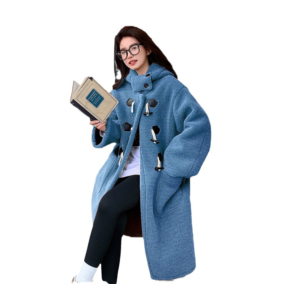 Faux lambskin coat with hood, knee-length