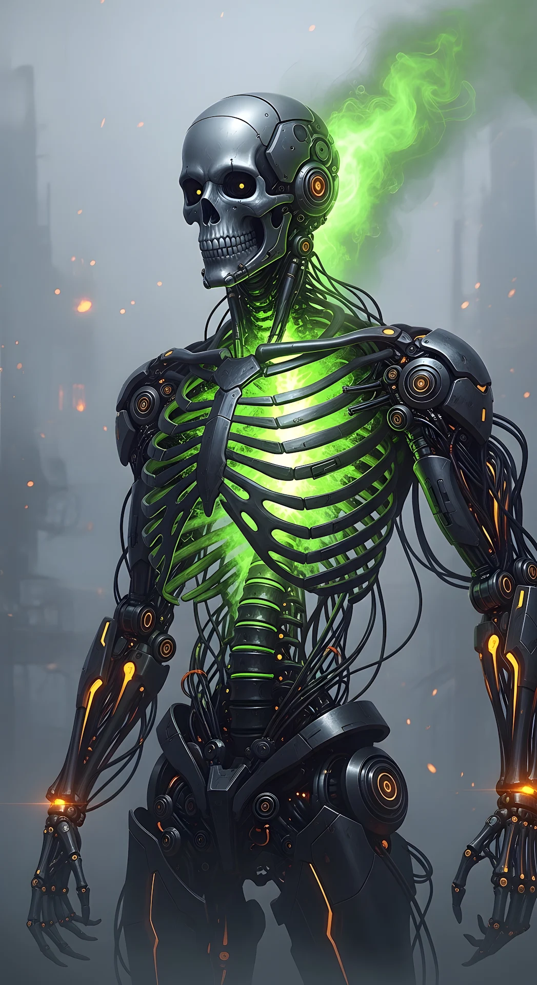 Cybernetic Skeleton Android, Neon Green Energy Core - Free 4K mobile Wallpaper