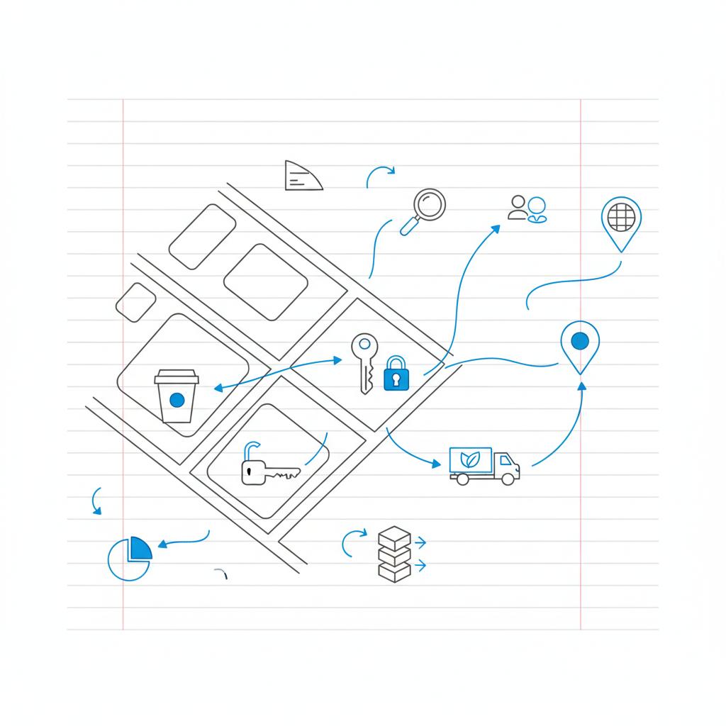 Minimal 2D vector town map showing a coffee shop, locksmith, and landscaping truck connected to search, social, and local listings icons to advertise my small business.