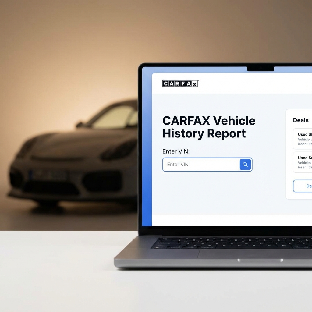 Close up of laptop showing vehicle history report and VIN entry with a blurred used Lamborghini Urus in the background warm indoor lighting CarFax Deals lamborghini urus for sale