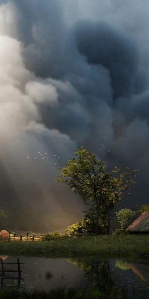 Rural Landscape, Storm Clouds, Dramatic Lighting, Rustic Cabin Full HD Wallpaper Background