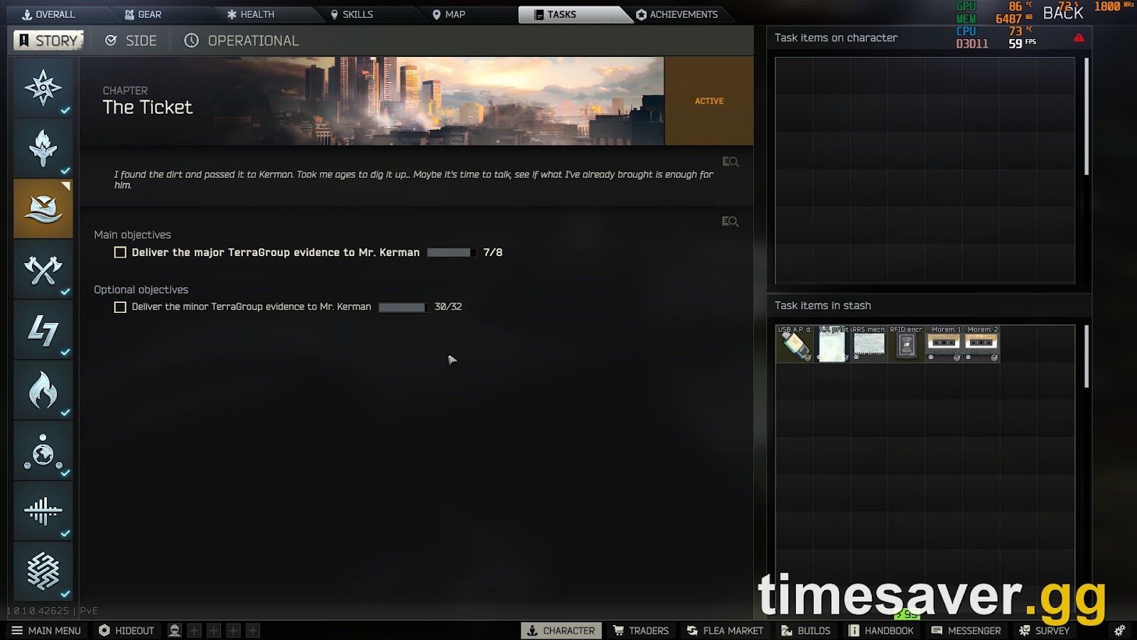 Mr. Kerman's story task screen — delivering the major TerraGroup evidence pieces