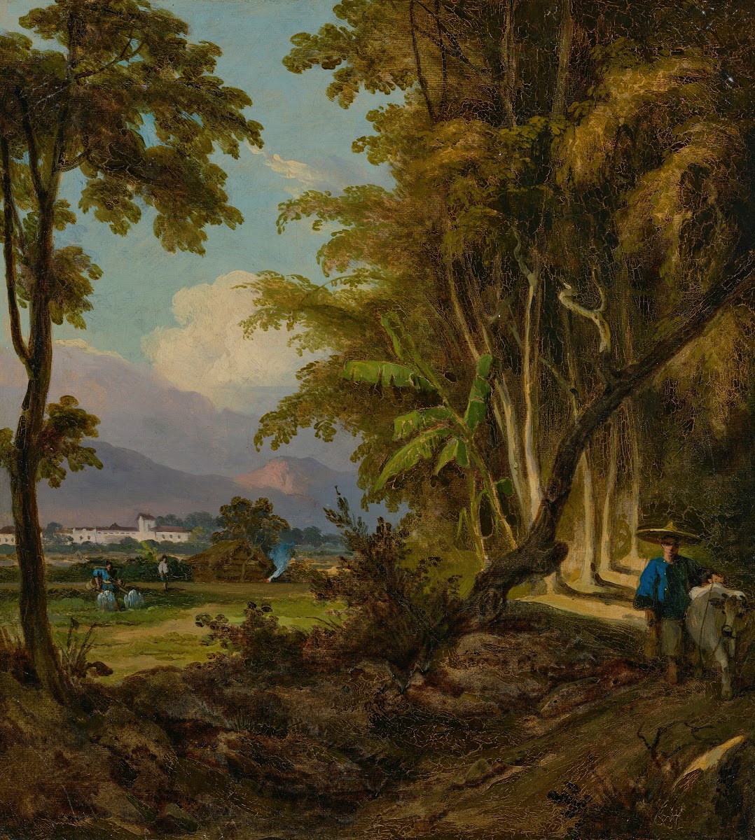A landscape in Macau with a herdsman walking along a track