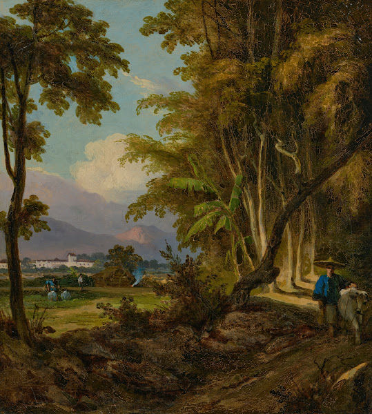 A landscape in Macau with a herdsman walking along a track