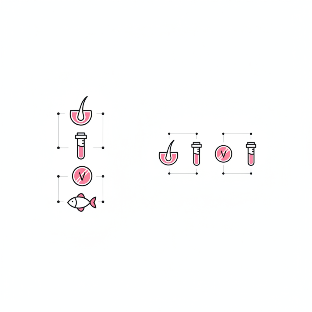 Minimalistische Vektor-Infografik zu Eisenmangel Haare mit Icons: Haarfollikel, Blutprobe, Vitamintablette und Fisch in NailX-Farben Weiß, #f57fb6 und #010101.