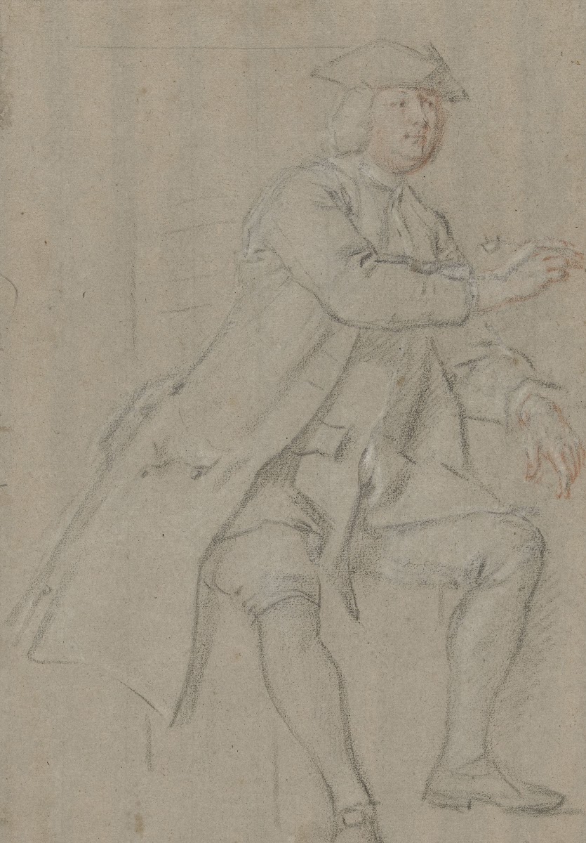 Zittende man in lange jas met pijp in de hand naar rechts 1706 1750