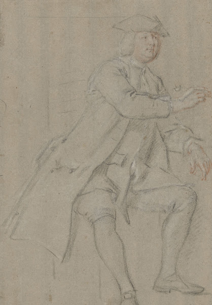 Zittende man in lange jas met pijp in de hand naar rechts 1706 1750