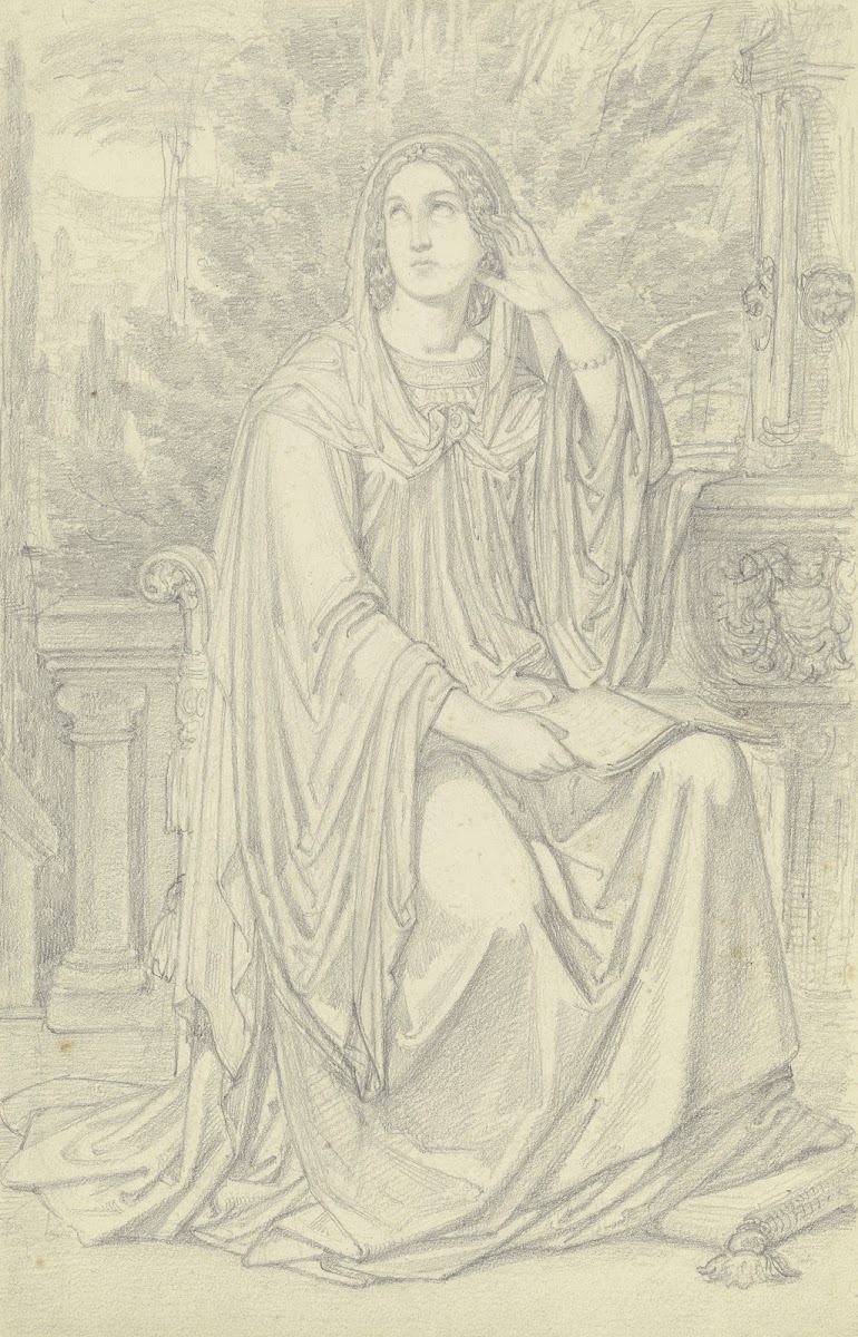Eine Dame an einem Brunnen sitzend mit Lektüre beschäftigt