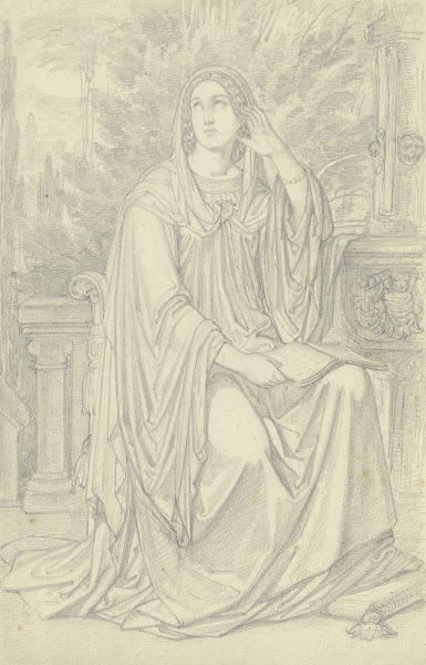 Eine Dame an einem Brunnen sitzend mit Lektüre beschäftigt