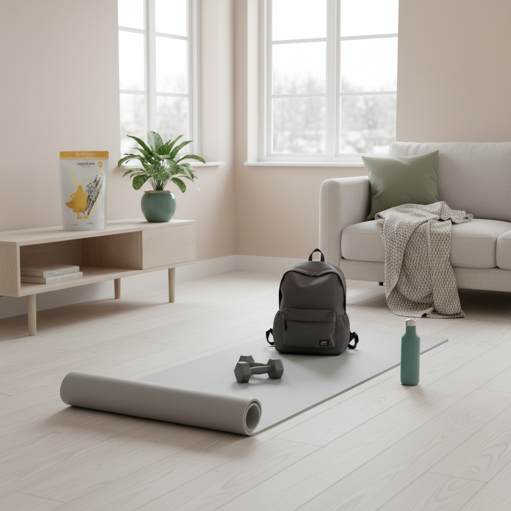Minimalistische Heimtrainingsszene mit Yogamatte, Kurzhanteln, gefülltem Rucksack und Vegardians-Produkt im skandinavischen Wohnzimmer für trainingsplan muskelaufbau