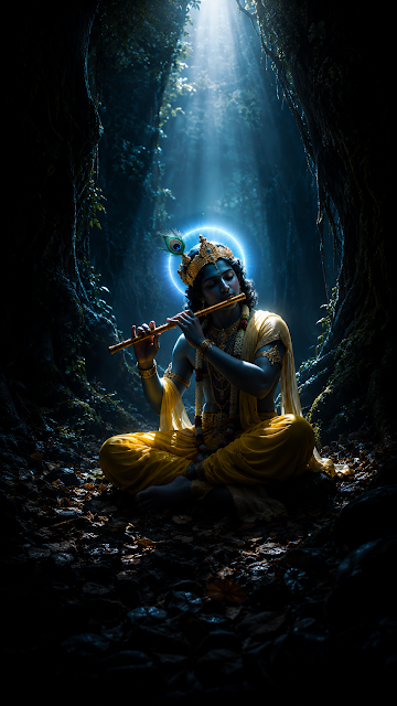 Lord Krishna Silhouetted in Misty Forest Playing Flute - Free mobile Wallpaper