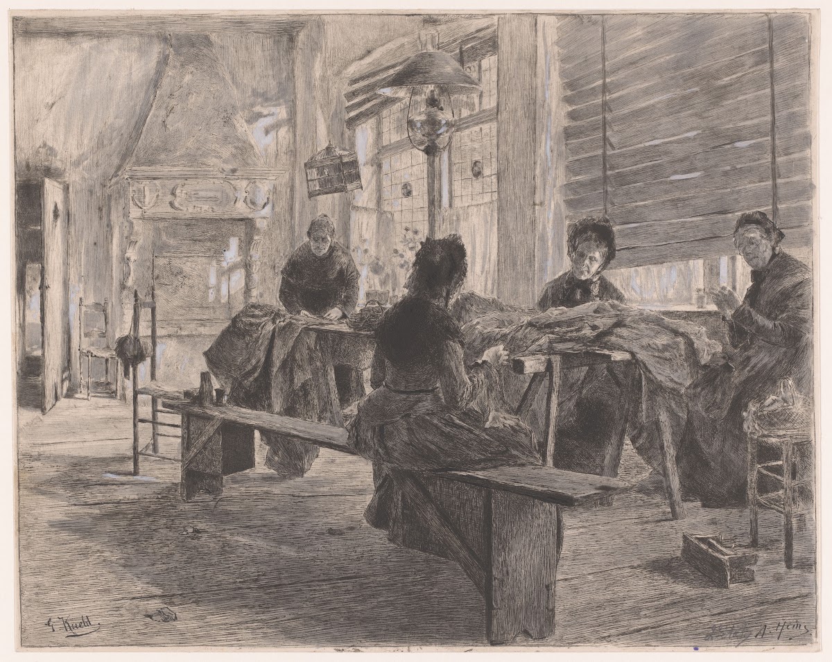 Vier vrouwen in een naaiatelier aan het werk 1866 1910