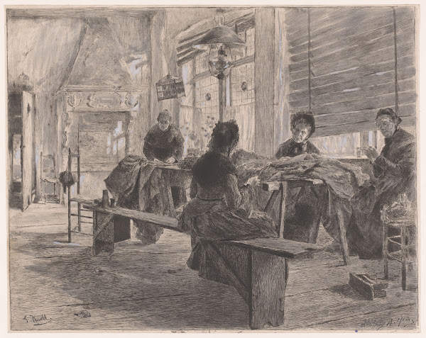 Vier vrouwen in een naaiatelier aan het werk 1866 1910