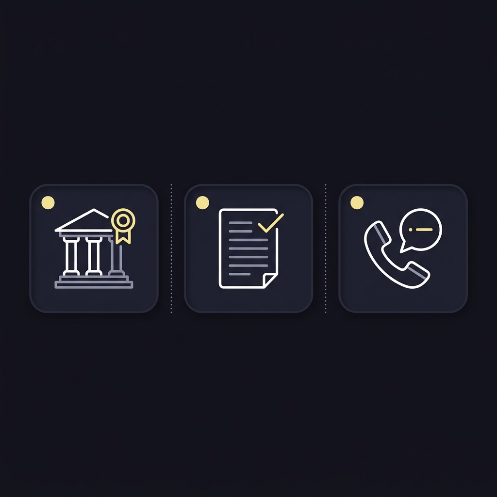 Minimalist vector checklist showing license verification steps with regulator register terms reading and dispute contact icons for a no vig odds article