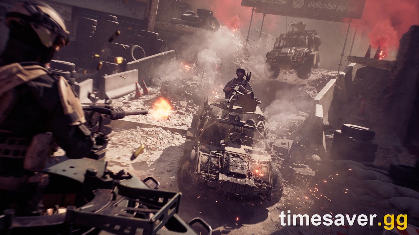 Battlefield 6 screenshot of soldiers and armed vehicles fighting at close range on a rubble-strewn road