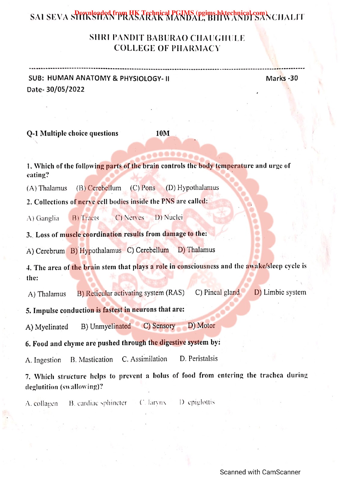 FYBPHARM 1st sessional HAP2 QP S.P.B.C. COP 2nd Semester B.Pharmacy Previous Year's Question Paper,BP201T Human Anatomy and Physiology II,BPharmacy,Previous Year's Question Papers,BPharm 2nd Semester,Sharada kadu - S.P.B.C.COP,