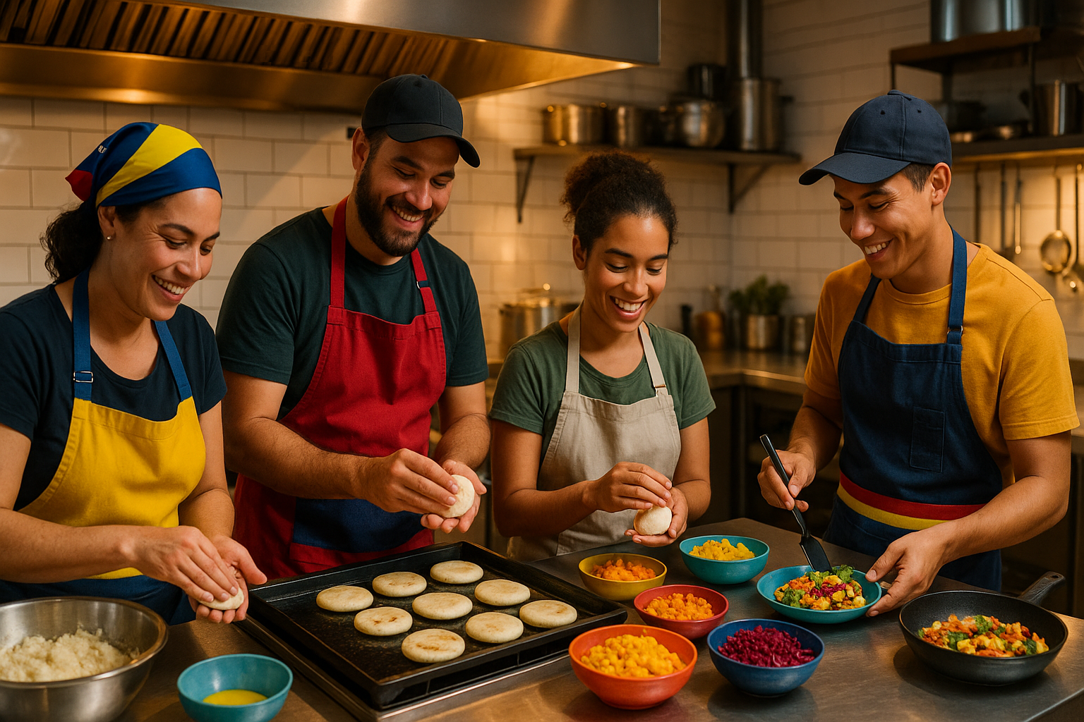 Venezolanos cocinando en una cocina compartida profesional, colaborando