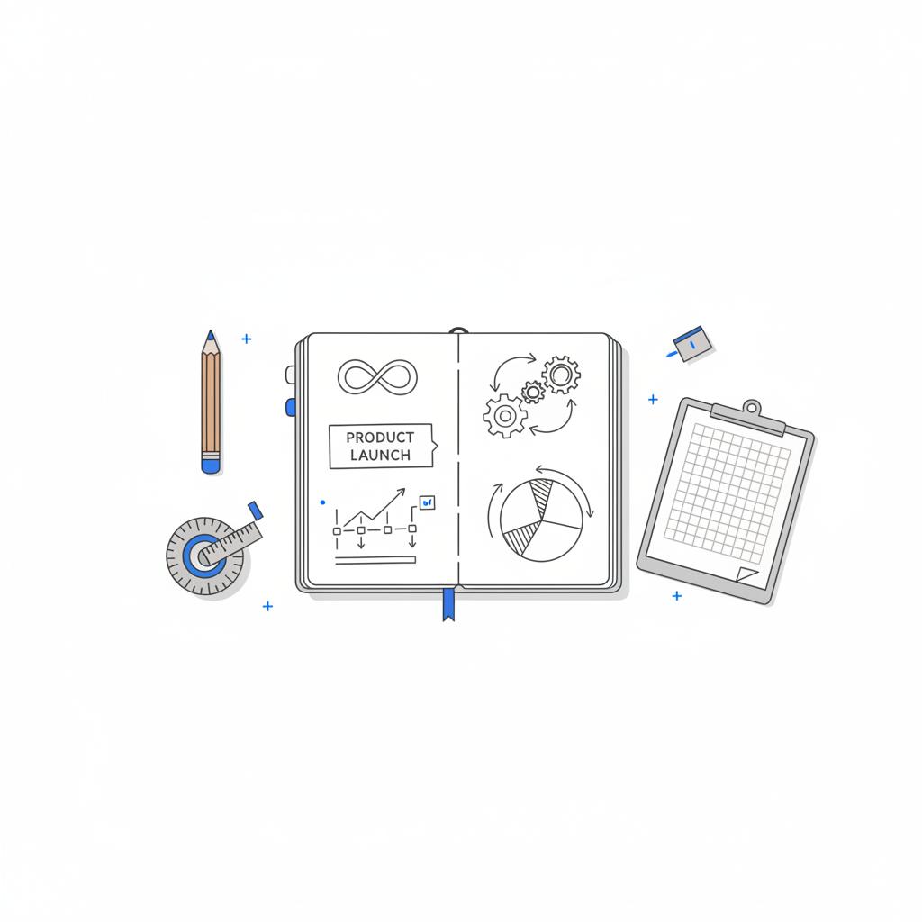 Overhead vector illustration of a clean workshop table with a strategy sketch and tools illustrating Angi lead cost planning, hand-drawn funnels and schedule boxes with blue accent marks