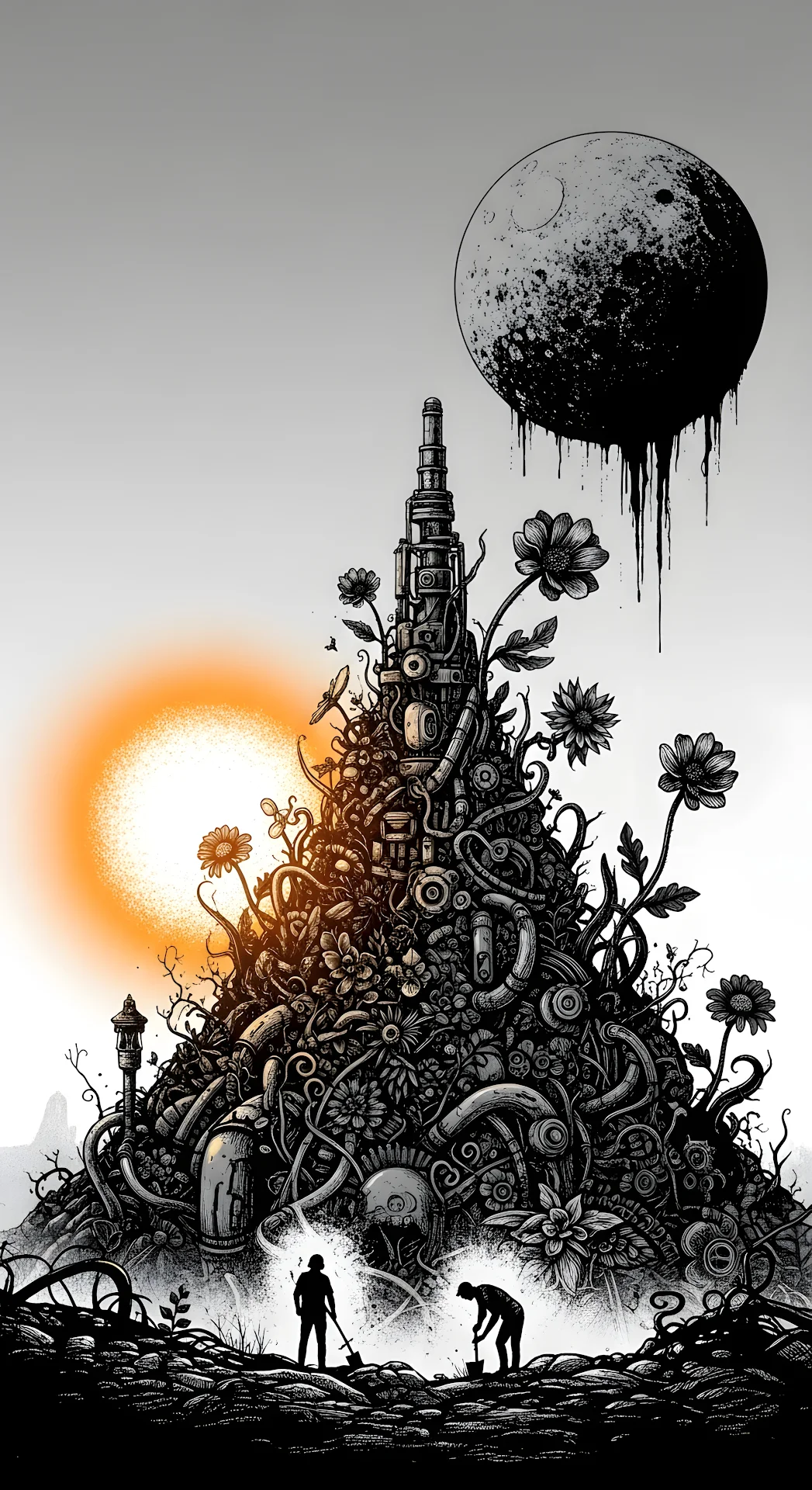 Dystopian Growth - Mechanical Tower and Dripping Moon - Free 4K mobile Wallpaper