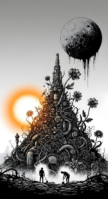 Dystopian Growth - Mechanical Tower and Dripping Moon - Free mobile Wallpaper