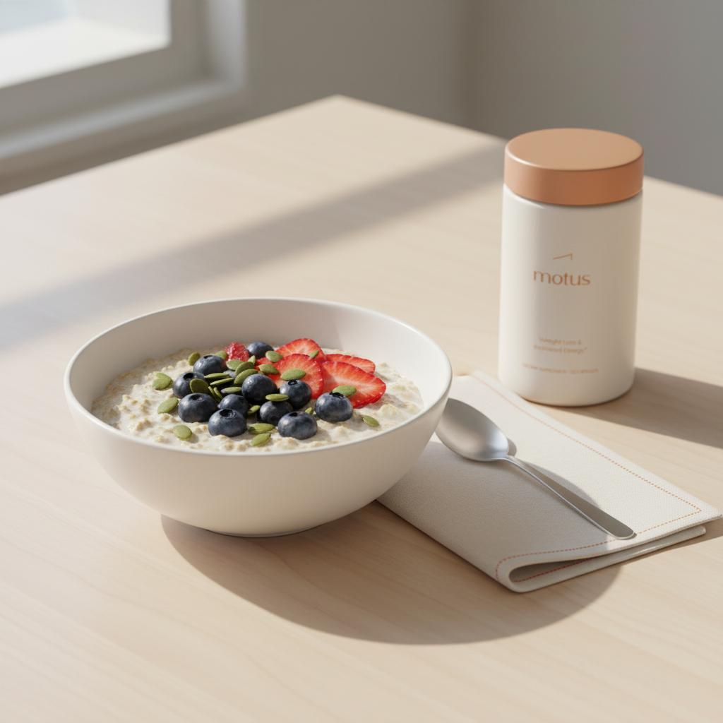 Minimal breakfast with oatmeal, pumpkin seeds, berries and the Tonum supplement jar illustrating vitamin D and blood sugar balance in a calm, clinical-meets-lifestyle scene.