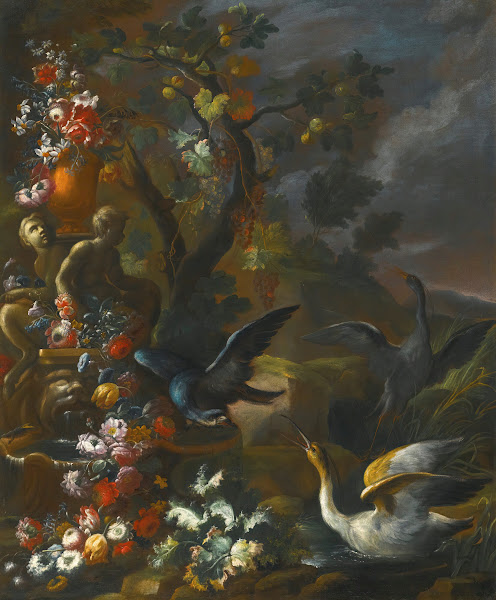 An Outdoor Still Life With Birds Beside An Ornate Sculpted Fountain
