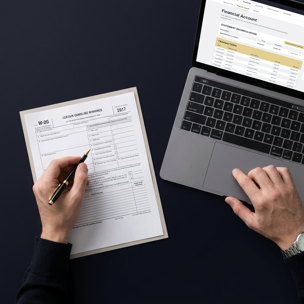 Close up of hands reconciling an online account statement with a printed W-2G and a pen on a dark minimal Funded Plays style table draftkings tax calculator