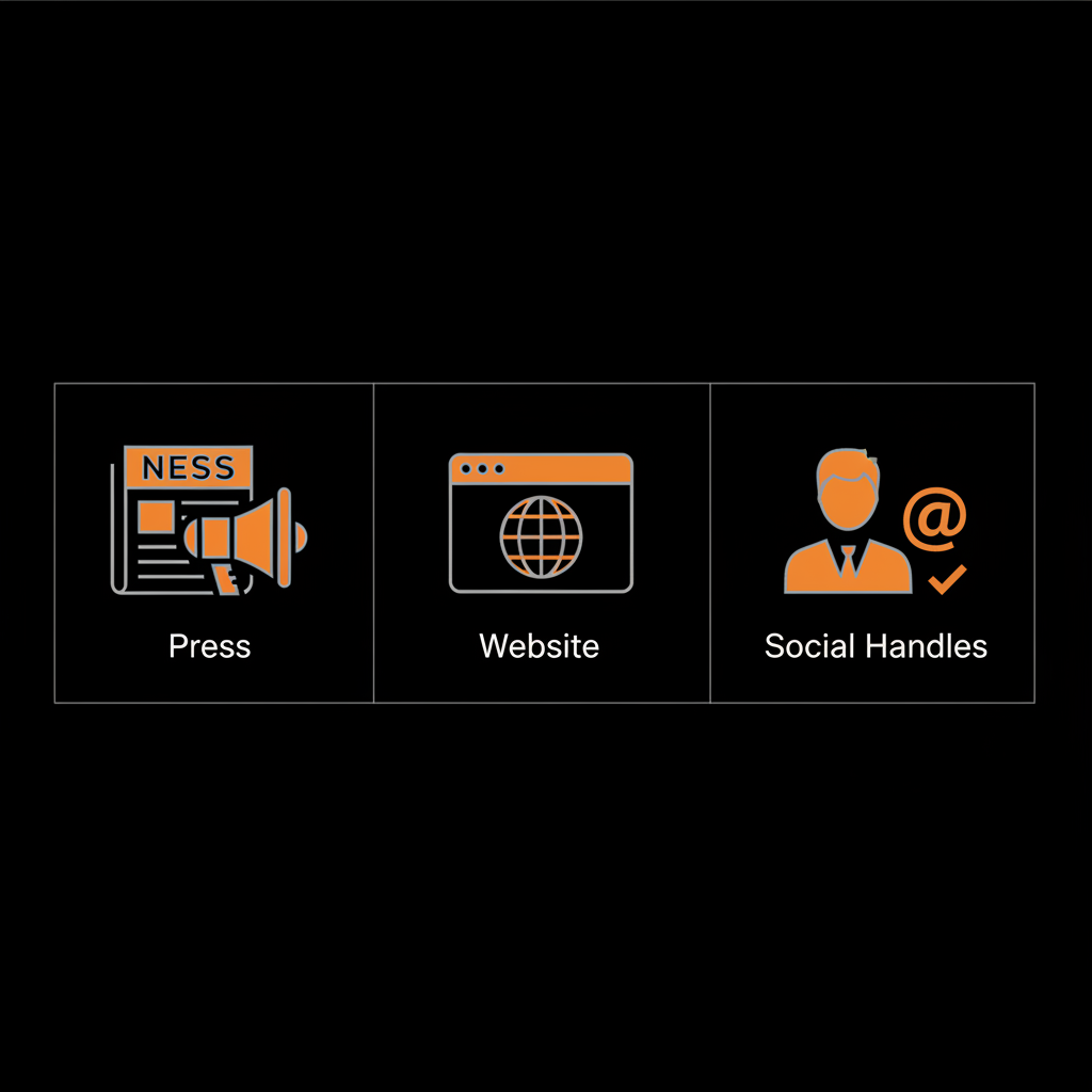 Minimal flat-vector grid of press, website and social icons on a black background in brand colors, representing Instagram verification.