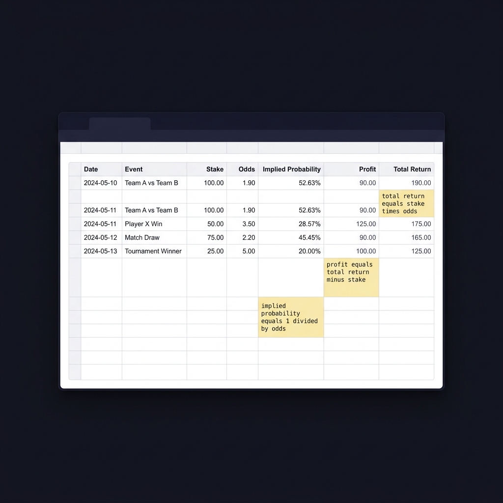Minimalist spreadsheet mockup highlighting formula cells total return profit and implied probability to demonstrate how decimal odds work in a dark Funded Plays style interface