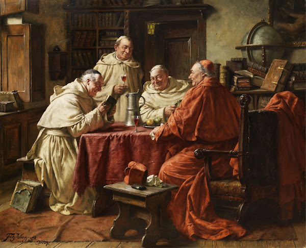 Kardinal mit Mönchen in einer Klosterbibliothek