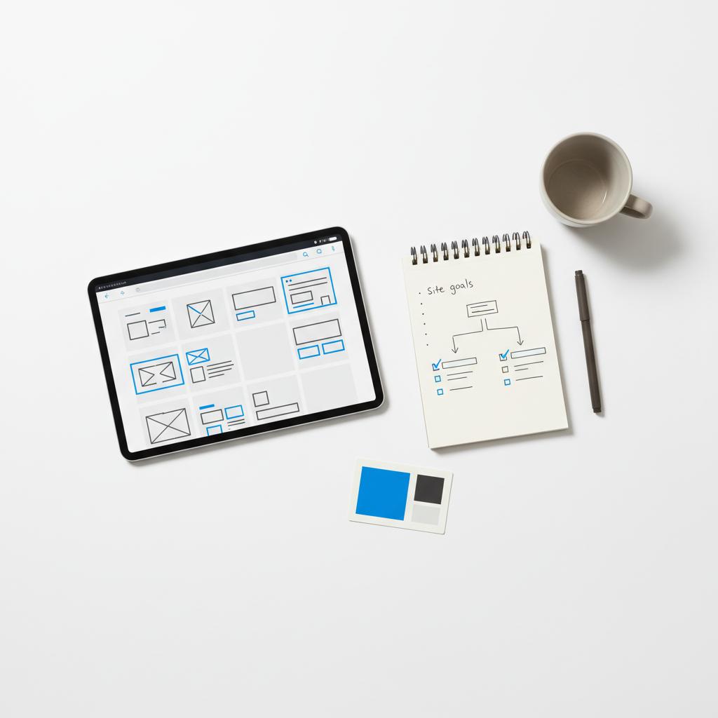 Top-down workspace flatlay with tablet showing website templates, a sketched notepad decision flow, and a blue color swatch illustrating a Wix vs GoDaddy design choice.