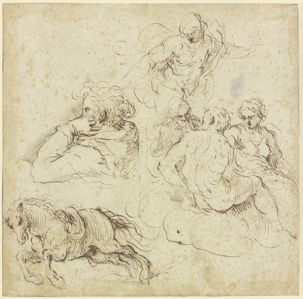 Study sheet with galloping horse a woman in profile looking left a group of figu