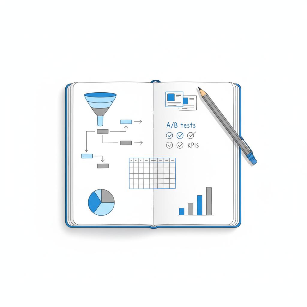 Vector overhead notebook illustrating Facebook ads ROI planning with hand-drawn funnels, KPI charts, budget pie and creative thumbnails in minimal Agency Visible colors.