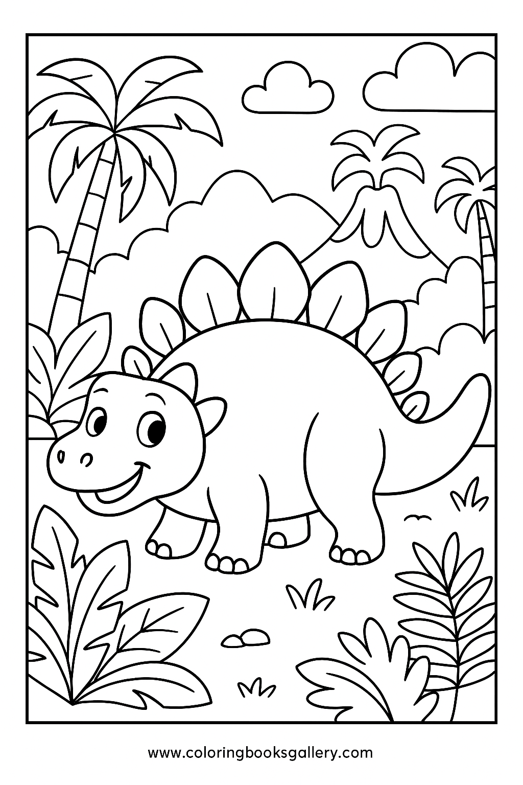 Explore Our Fun Cartoon Stegosaurus Jungle Coloring Page for Kids – free coloring page for kids