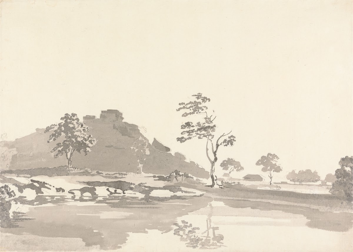 River Scene with a Fort on a hill in the middle distance