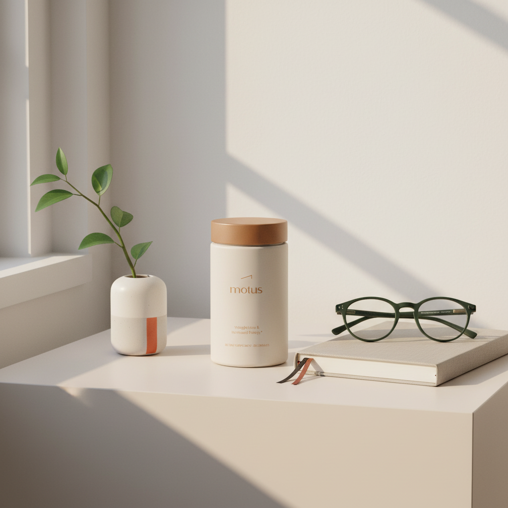 Minimalist bedside table scene with Tonum Nouro supplement bottle beside a closed journal, reading glasses and a single-stem vase on a #F2E5D5 background — illustration for the biggest cause of brain fog