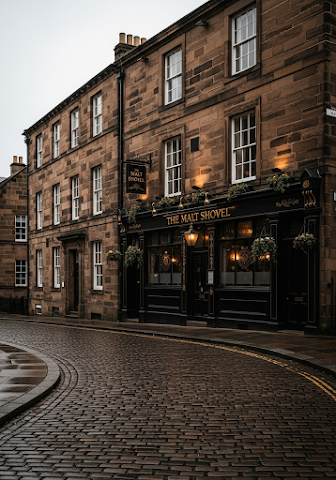 Rainy Historic Stone Pub Exterior