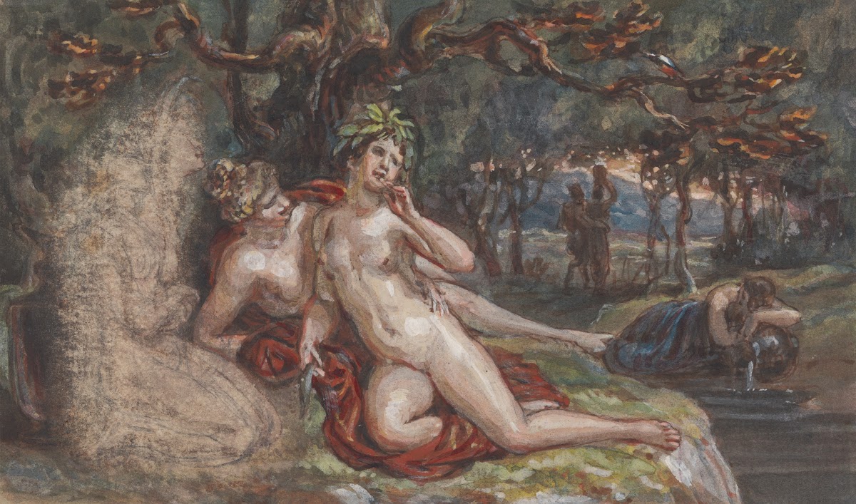 Wooded Scene with a Couple Laying under a Tree by a Stream
